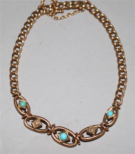 An Edwardian 15ct gold, turquoise and seed pearl bracelet.